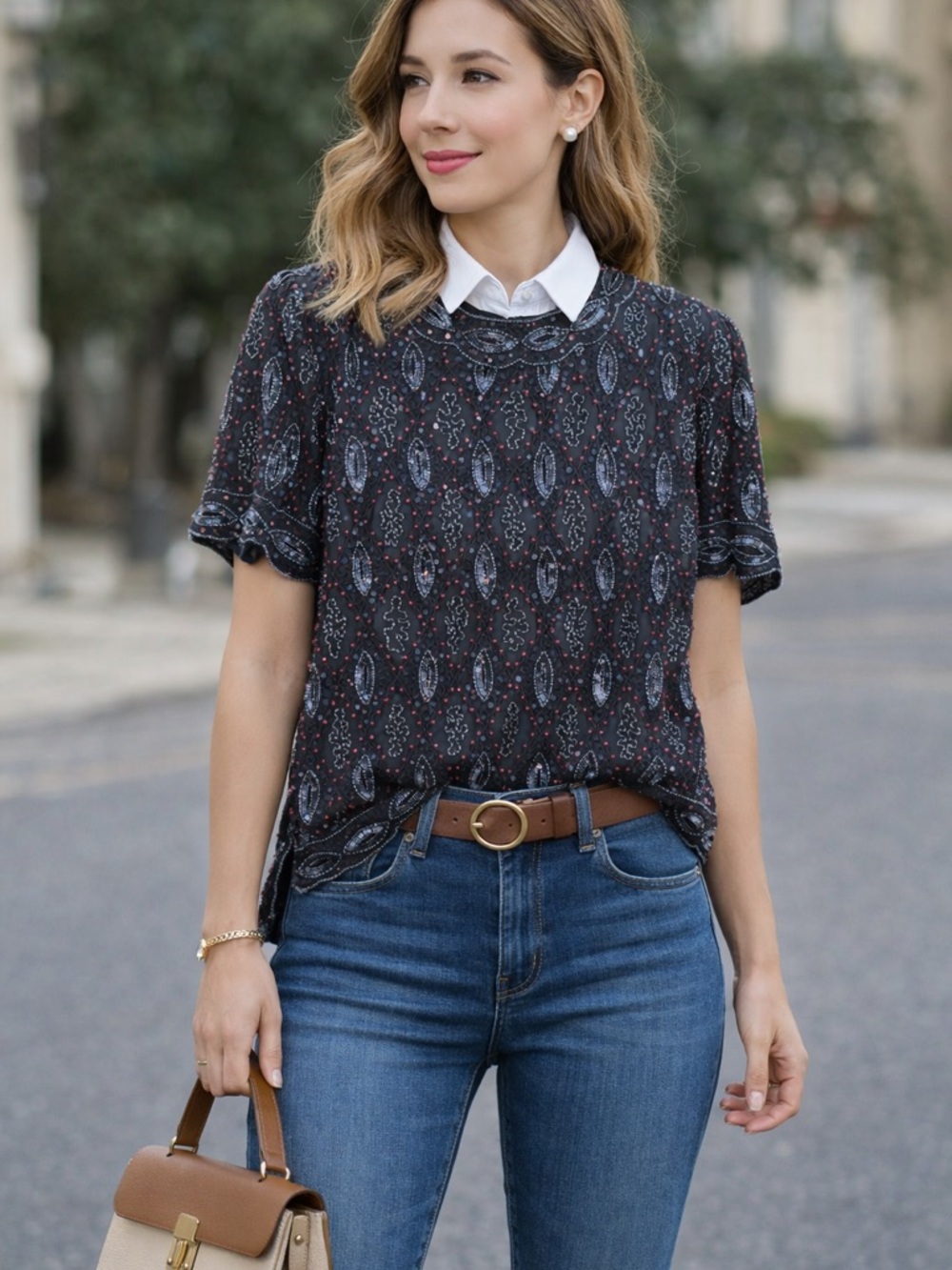 Frank Usher Navy Beaded Embroidered Top Heavy Luxe Blouse Event Quiet Luxury S